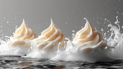 Canvas Print -  a group of whipped creams on top of each other in the middle of a body of water with splashes of water on the bottom of the image and bottom of the image.