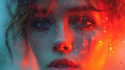 Canvas Print -  a close up of a woman's face with drops of water on her face and the image of a woman's face is red and the background is blurry.