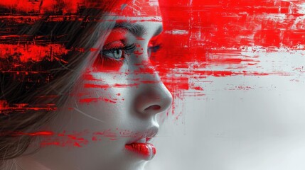 Sticker -  a close up of a woman's face with red paint splattered all over her face and behind her is a black and white background with red lines.