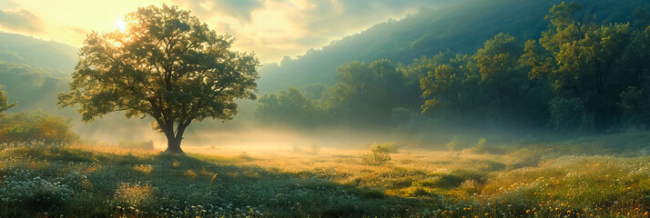 Wall Mural - foggy meadow. enchanting sunrise