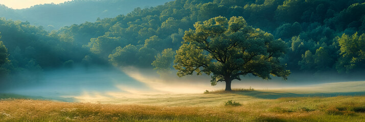 Wall Mural - foggy meadow. enchanting sunrise