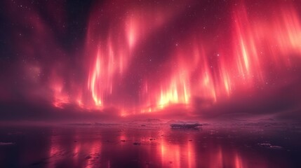 Wall Mural -  a red and pink aurora bore over a body of water with icebergs in the foreground and stars in the sky in the middle of the middle of the sky.