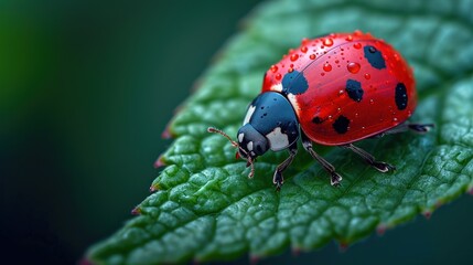 Poster -  a close up of a ladybug on a leaf with drops of water on it's back and a green leaf with green leaves in the foreground.