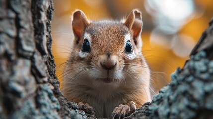 Wall Mural -  a close up of a squirrel peeking out of a hole in a tree with a blurry background of leaves and a blurry background of a blurry tree.