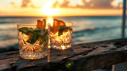 Wall Mural - Two glasses of refreshing iced drink, garnished with mint leaves and lime slices, placed on a rustic wooden table with a soft-focus background