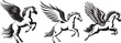Winged horses, pegasus, collection of black and white vector graphics in logo style for laser cutting and engraving
