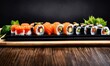 sushi on a wooden tray, Japanese cuisine