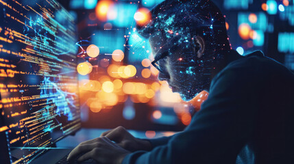 A concentrated man works on a computer and conducts analysis using neural networks. Worldwide interface. The young man absorbs information. Technology concept.