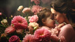 A mother and her baby daughter happy close to each other hugging with flowers around them
