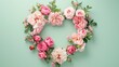 © JW Studio - wreath frame in the shape of a heart of pink roses and peony flowers isolated on a pastel green background with copy space.
