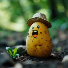 Poster - A potato with a hat on it in the dirt. Generative AI.