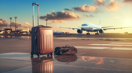 Suitcase in front of the plane at the airport