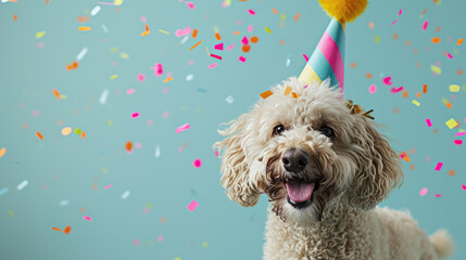 Sticker - Happy light brown dog is wearing a colorful striped party hat, with confetti falling around it against a soft blue background