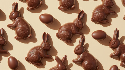 Wall Mural - chocolate easter bunnies pattern on pastel background