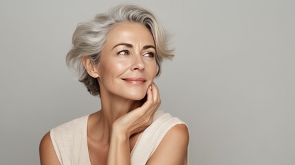 portrait of a beautiful woman 50 years old with natural makeup in a beige t-shirt on a neutral backg