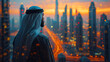 A visionary Arab businessman, clad in a traditional thwab, contemplates Dubai's skyline from his office, a symbol of corporate leadership and success in the thriving Middle Eastern business hub