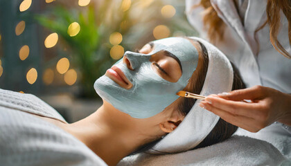 caucasian woman undergoing a rejuvenating spa beauty treatment with a face peeling mask, embodying s