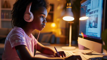 Wall Mural - Young girl wearing headphones, focusing intently on a computer screen while holding a pen, engaged in online learning or doing homework.