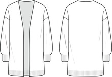 Women's Long Line Cardigan. Technical Fashion Illustration. Front And Back, White Color. Women's CAD Mock-up.