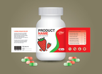 Sticker - Strawberry supplement bottle Packaging, Cosmetic package. product design. Beauty label, 3d supplement bottle vector, 3d white plastic Pills box, White medical container. healthcare bottle, vector