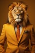 Elegant lion with human body, wearing business suit, standing with hands in pockets