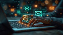 A Direct Selling Project For An Email Marketing List Featuring A Woman Hand Using A Laptop With An Email Icon, An Email Marketing Concept With A Notification Alert Generative Ai