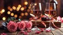 Romantic Valentine's Day Dinner., Couple Celebrating Two Glasses Of Wine With Red Roses And Chocolate