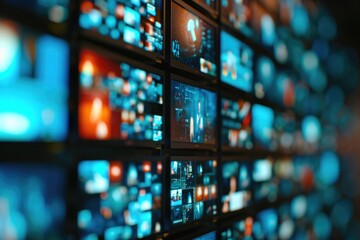 Wall Mural - a captivating image showcasing a wall filled with an array of televisions displaying various content