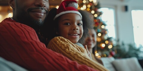 Canvas Print - A man and a little girl wearing festive Christmas hats. Suitable for holiday-themed designs and family-oriented projects