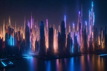 Wall Mural - A 3D-rendered abstract cityscape with buildings made of cascading light, forming a visually stunning and futuristic pattern.