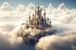 mystical castle in the clouds with turrets and floating islands