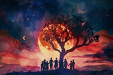 Fototapeta Natura - magical watercolor illustration of a group of people holding hands around a tree
