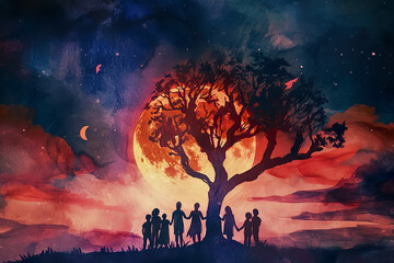 Wall Mural - magical watercolor illustration of a group of people holding hands around a tree