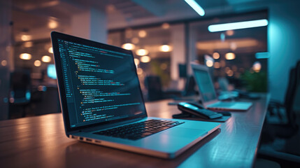 Laptop with code on the screen is placed on a wooden table in a modern, well-lit office space