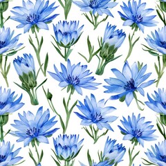  Watercolor chicory flower with leaves seamless pattern.