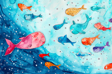 Wall Mural - watercolor illustration of a child's drawing of a group of fish in the ocean