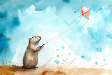 Whimsical Watercolor Illustration Of A Groundhog Holding A Kite.
