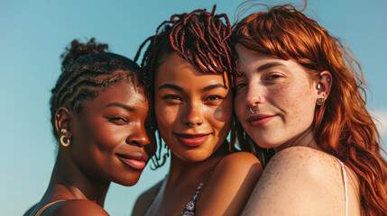 Sticker - Three young women with diverse skin tones are posing closely together, smiling