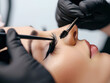 A close-up of the eyelash care procedure in a beauty salon. The makeup artist does the curling and coloring of eyelashes for the client