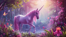 Cute Pink Unicorn With Flowers.