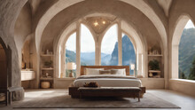 Ultra Realistic  Photo Of Modern Take On  Rivendell Inspired Small Condo White Cream Stone, Light Wood Round Arches Interor View Of Bedroom