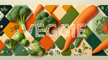 Wall Mural - Vegetarian wallpaper with colorful fresh vegetables carrot broccoli cauliflower vegan mosaic 4K