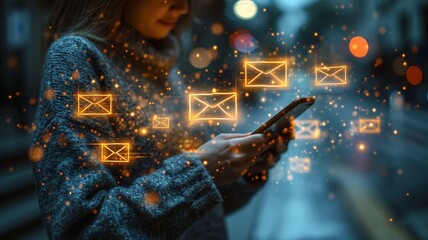 An email marketing image using a woman's hand and a smartphone with a smartphone icon Email marketing ideas using notifications, generative ai.