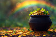 Pot with gold coins, and rainbow. St. Patrick's Day celebration