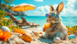 A bunny in sunglasses enjoys cocktail on the beach
