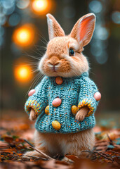 Wall Mural - Close-up of a rabbit in knitwear adorned with multicolored knit Easter eggs
