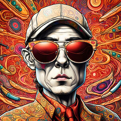 Wall Mural - portrait cartoon caricature of a male wearing sunglasses, in the style of extreme Surrealism. suitable for an album cover