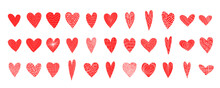 Big Collection Of Cute Doodle Hand Drawn Textured Hearts For Valentines Day Greeting Cards And Banners Design. Lovely Bright Red And Pink Heart Illustration For Romantic Decoration