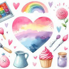 Wall Mural - set of flowers and birds heart and cupcake isolated vector watercolor painting 