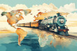Travel by train around the world, vintage concept illustration, generated by AI